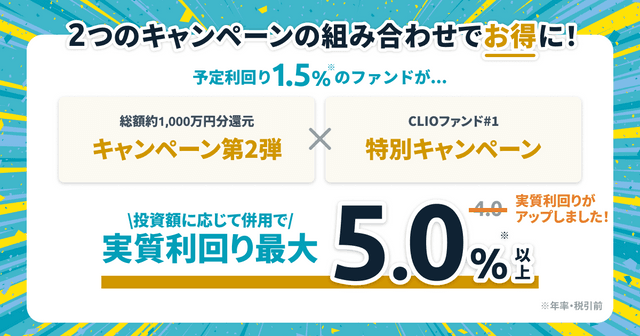 【実質利回り最大5.0%※以上】CLIOファンド#1のキャンペーン併用に関するお知らせ